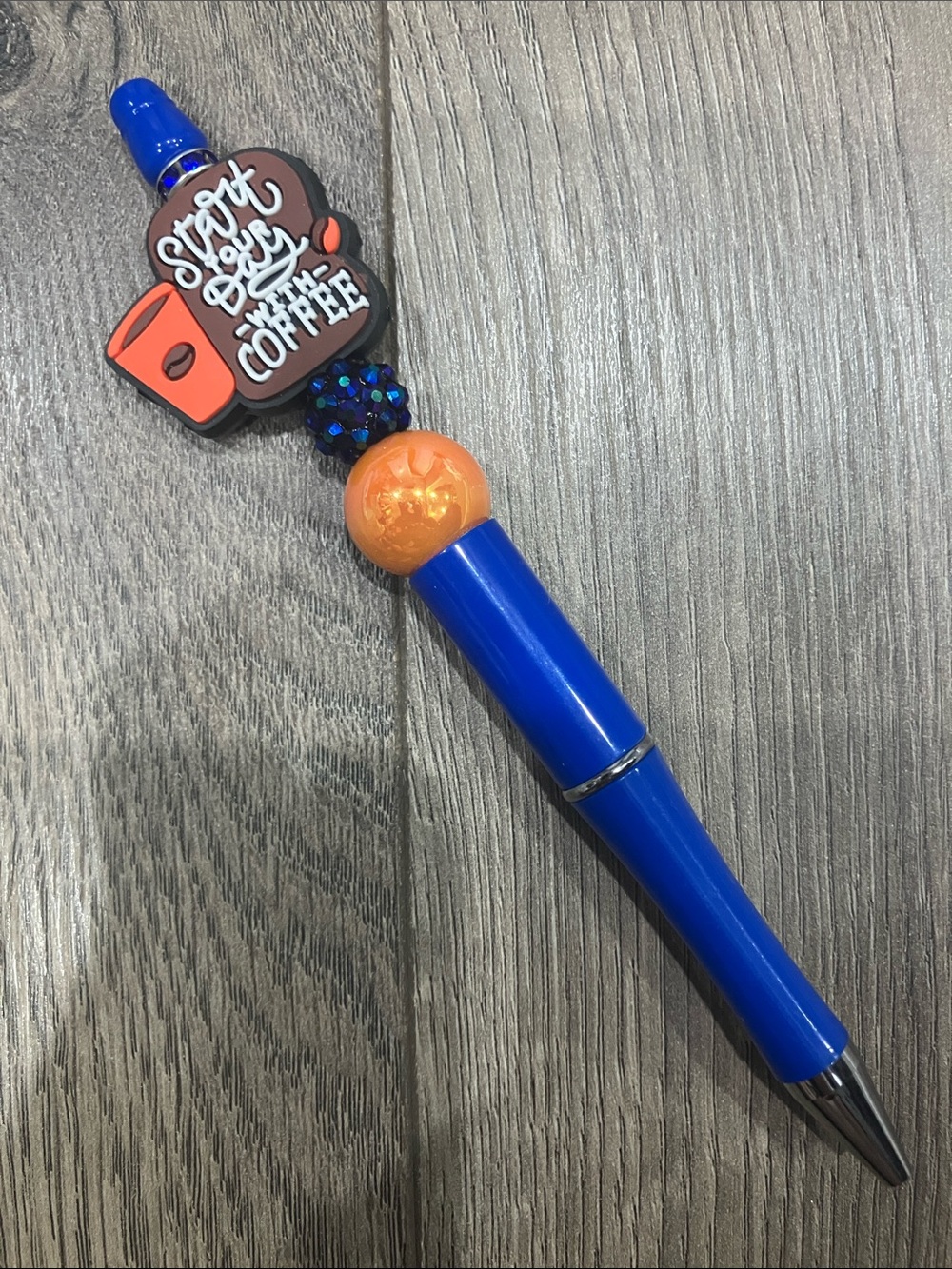 Hand Beaded Blue and Orange Coffee-Themed Ballpoint Pen